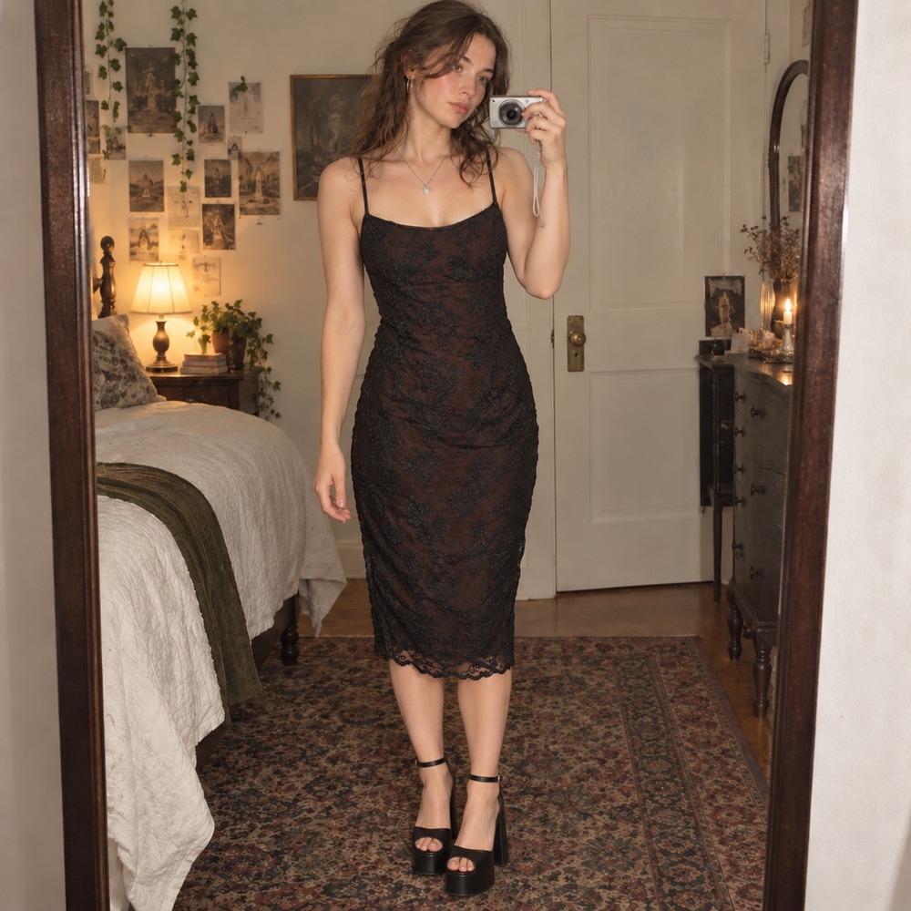 Vintage Necessary Objects Y2K Lace Midi Dress Black Brown Small Whimsigoth Glam